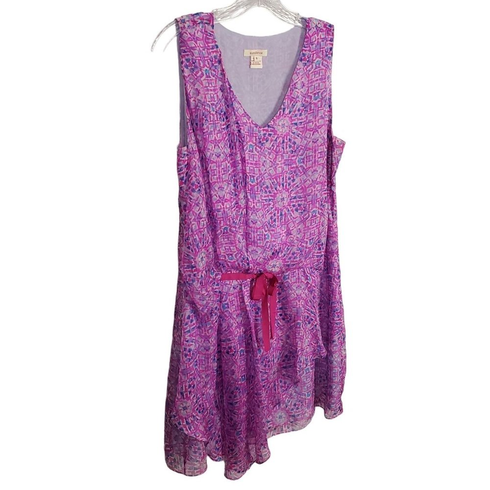 Sundance Size 8 Dress Silk Chiffon Faux Wrap Mosaic Print Lined Ribbon Tie Pink